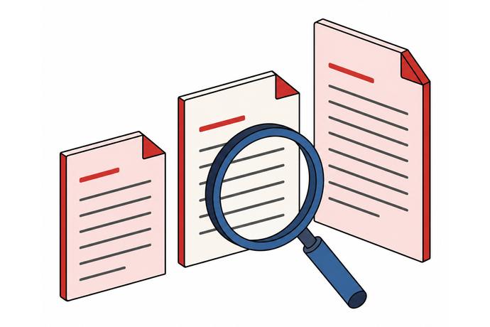 金額の違う3枚の見積書を虫めがねで見比べる様子を表した図