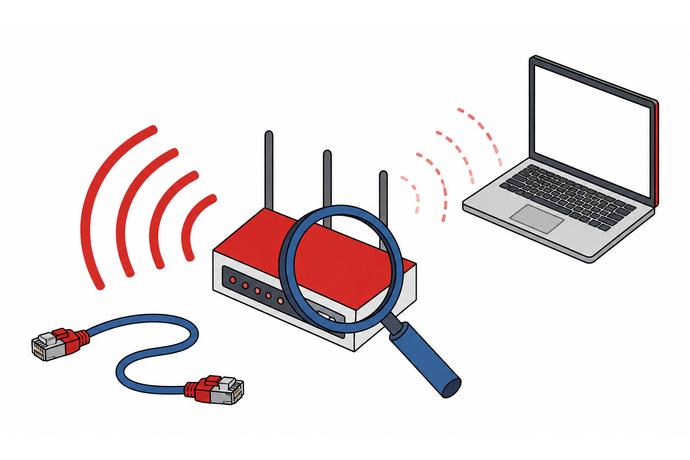 片側の電波が弱くなっている通信機器を虫めがねで調べる図