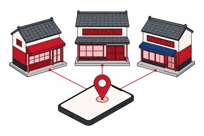 瓦屋根の店が3軒並び、スマートフォンの地図から線がつながる図